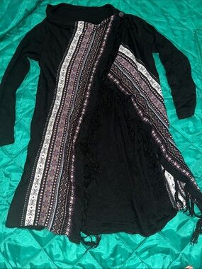 Black Fringe-Trim Knit Cardigan with Patterned Stripes